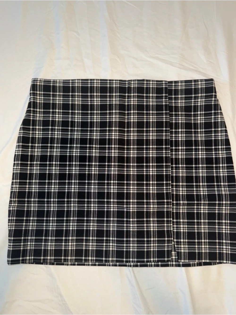 Black White Plaid Front Slit Mini Skirt